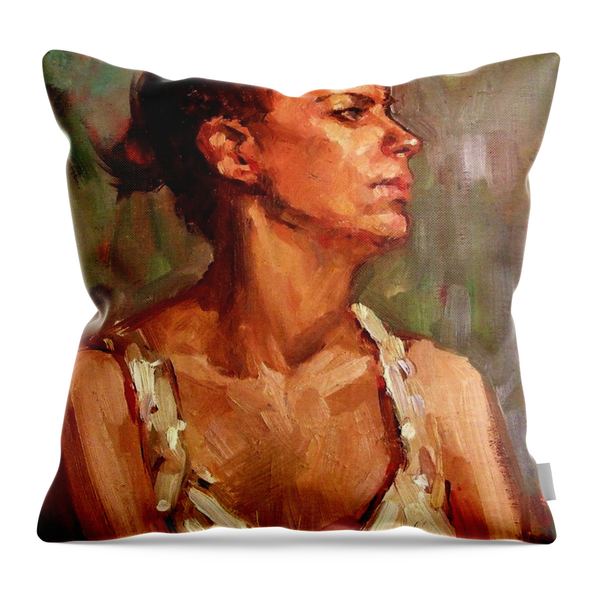 Female Portrait Throw Pillow featuring the painting Portrait of a Stern and Distanced Hardworking Woman in Light Summer Dress with Deep Shadows Dramatic by M Zimmerman MendyZ