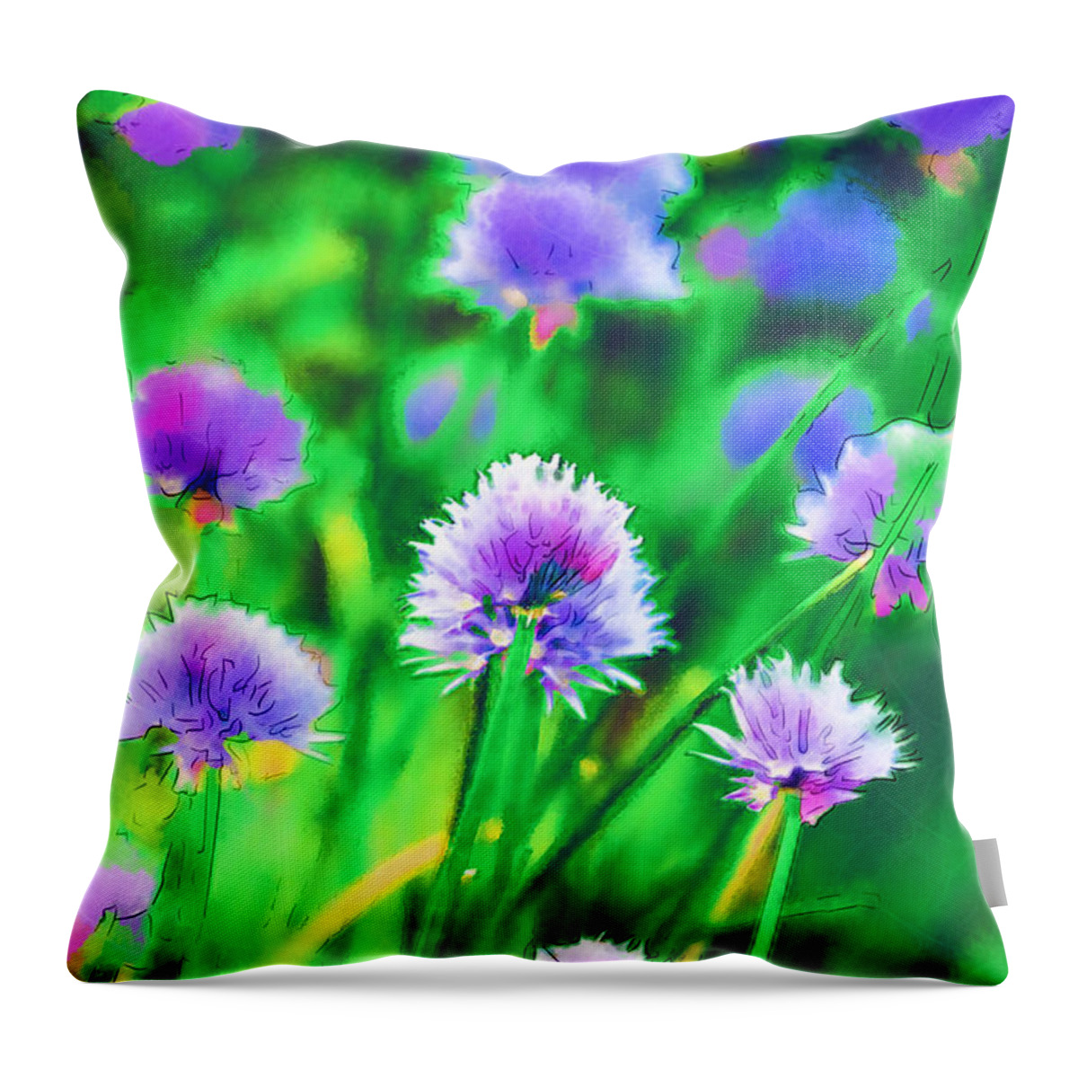 Chives Throw Pillow featuring the photograph Purple and Green Chive Watercolor by Kathy Clark