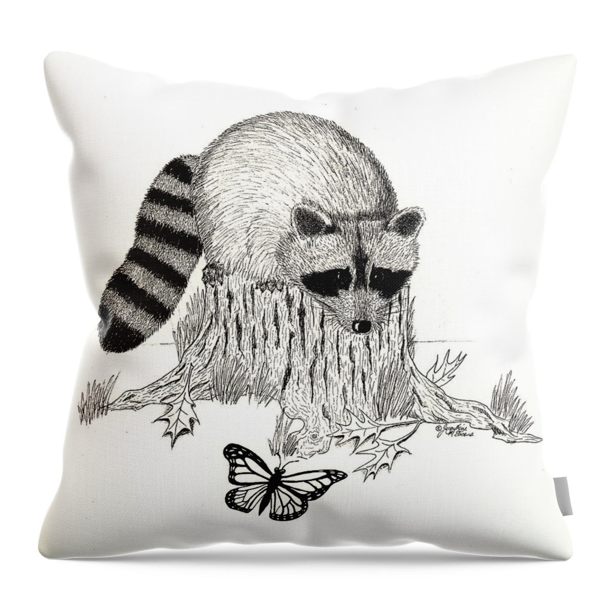 Raccoon Throw Pillow featuring the drawing Raccoon and Monarch by Jackie Irwin