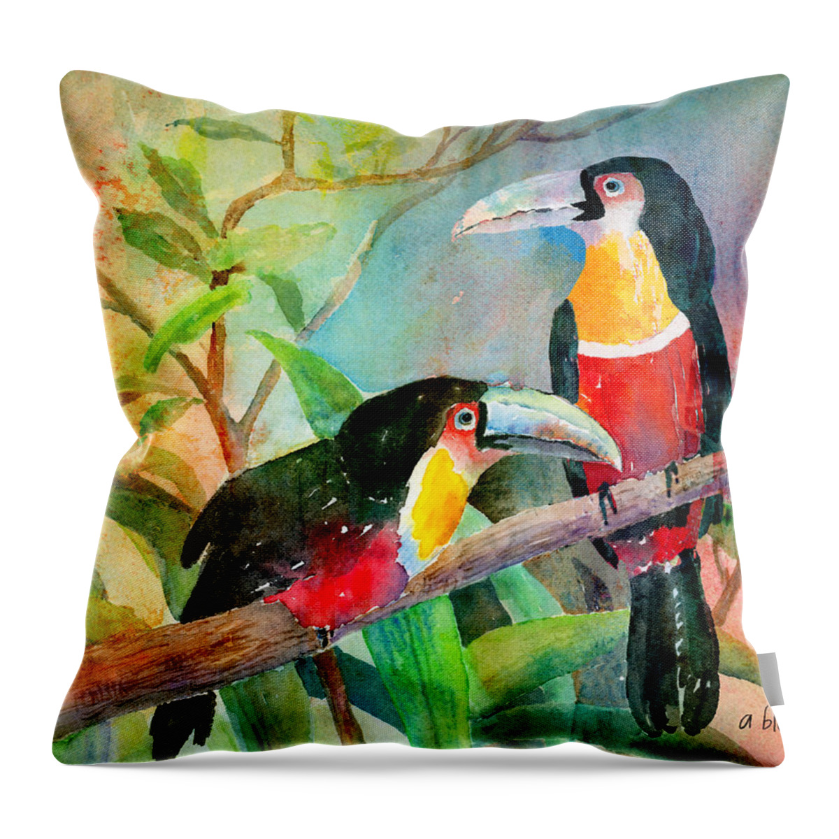 Bird Throw Pillow featuring the painting Red-breasted Toucans by Arline Wagner