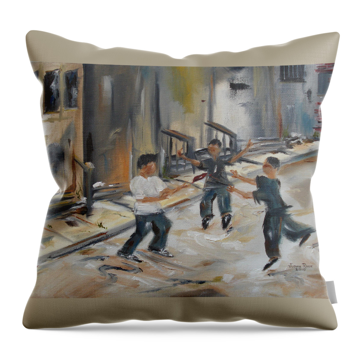Boys Throw Pillow featuring the painting Red Brick Ballet by Judith Rhue