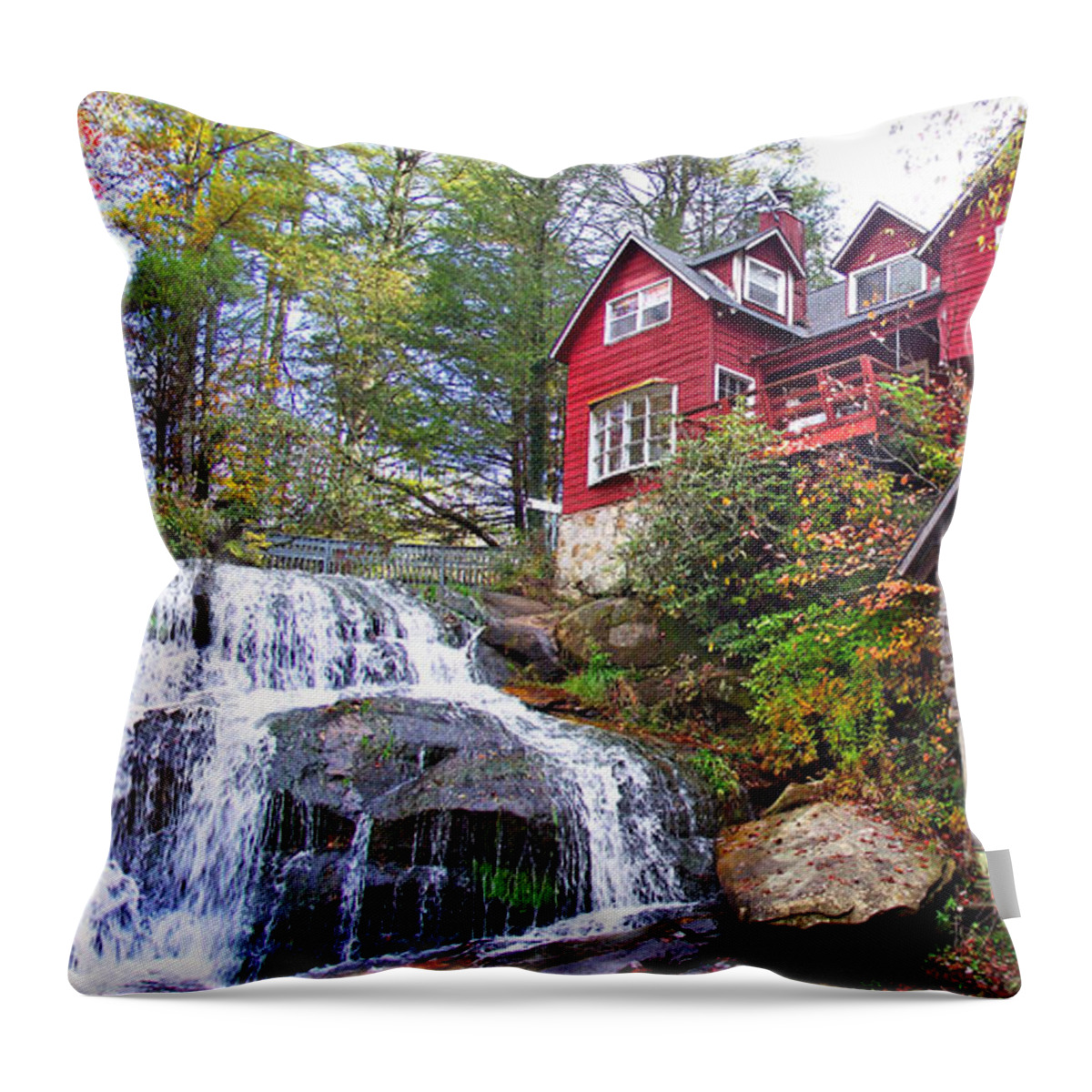 Shoal Creek Throw Pillow featuring the photograph Red House by the Waterfall 2 by Duane McCullough