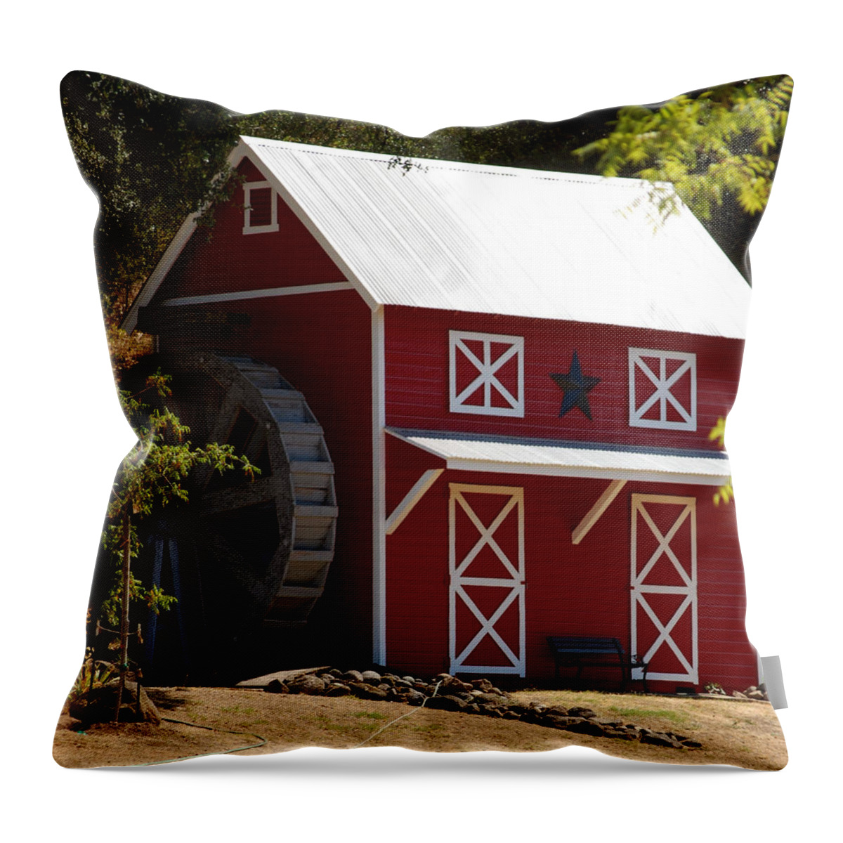 Red White Black Star Barn Water Wheel Bench Trees Honeyrun Ca Throw Pillow featuring the photograph Red Star Barn by Holly Blunkall