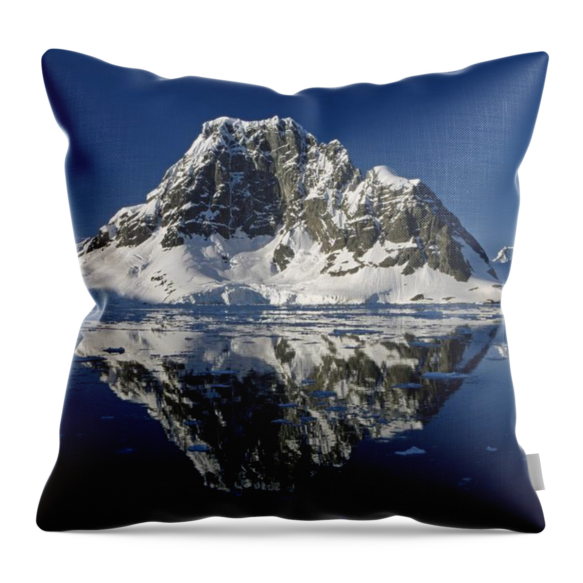 Landscape; Seascape; Reflection; Rocky; Rocks; Rock; Coast; Coastal; Shore; Ice; Icy; Mountain; Mountainous; Dramatic; Picturesque; Cliff; Cliffs; Glacier; Still; Calm; Scenic; View; Blue Sky; Reflected; Peak; Remote; South Pole Throw Pillow featuring the photograph Reflections with ice by Antarctica