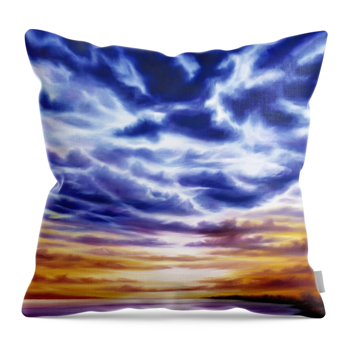 Sunrise; Sunset; Power; Glory; Cloudscape; Skyscape; Purple; Red; Blue; Stunning; Landscape; James C. Hill; James Christopher Hill; Jameshillgallery.com; Ocean; Lakes; Sky; Contemporary; Yellow; Ocean; River; Water Throw Pillow featuring the painting Rise by James Hill
