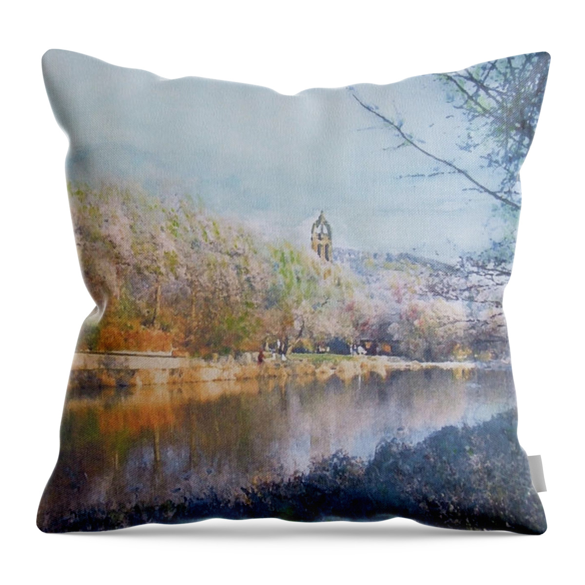 River Tweed Throw Pillow featuring the painting River walk reflections Peebles by Richard James Digance