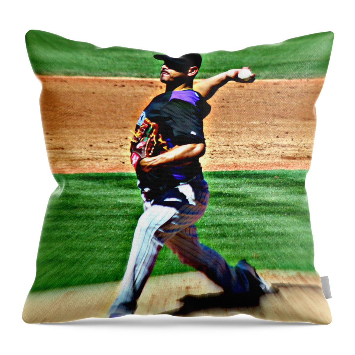 Baseball Throw Pillow featuring the photograph Rockies No 56 Guillermo Moscoso by Jo Sheehan