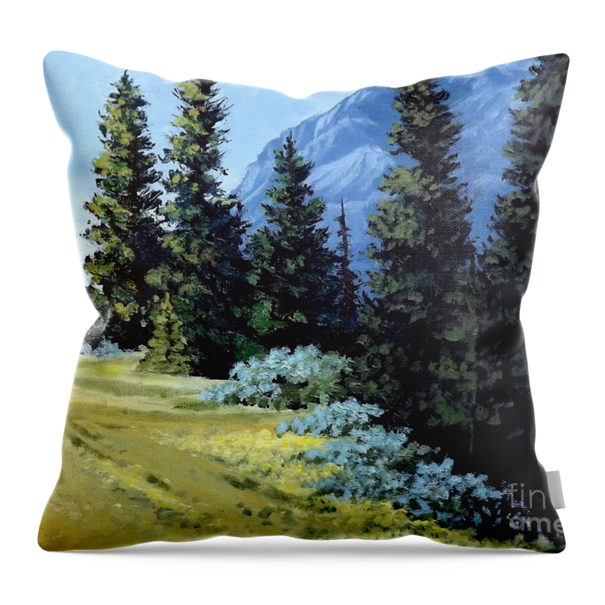 Blue Throw Pillow featuring the painting Rocky Mountain Meadow by Diane Ellingham