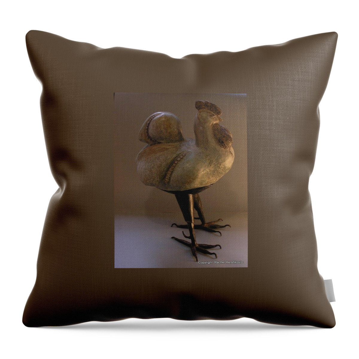 Rooster Throw Pillow featuring the sculpture Rooster 2 Bronze legs and Ceramics body sculpture by Rachel Hershkovitz