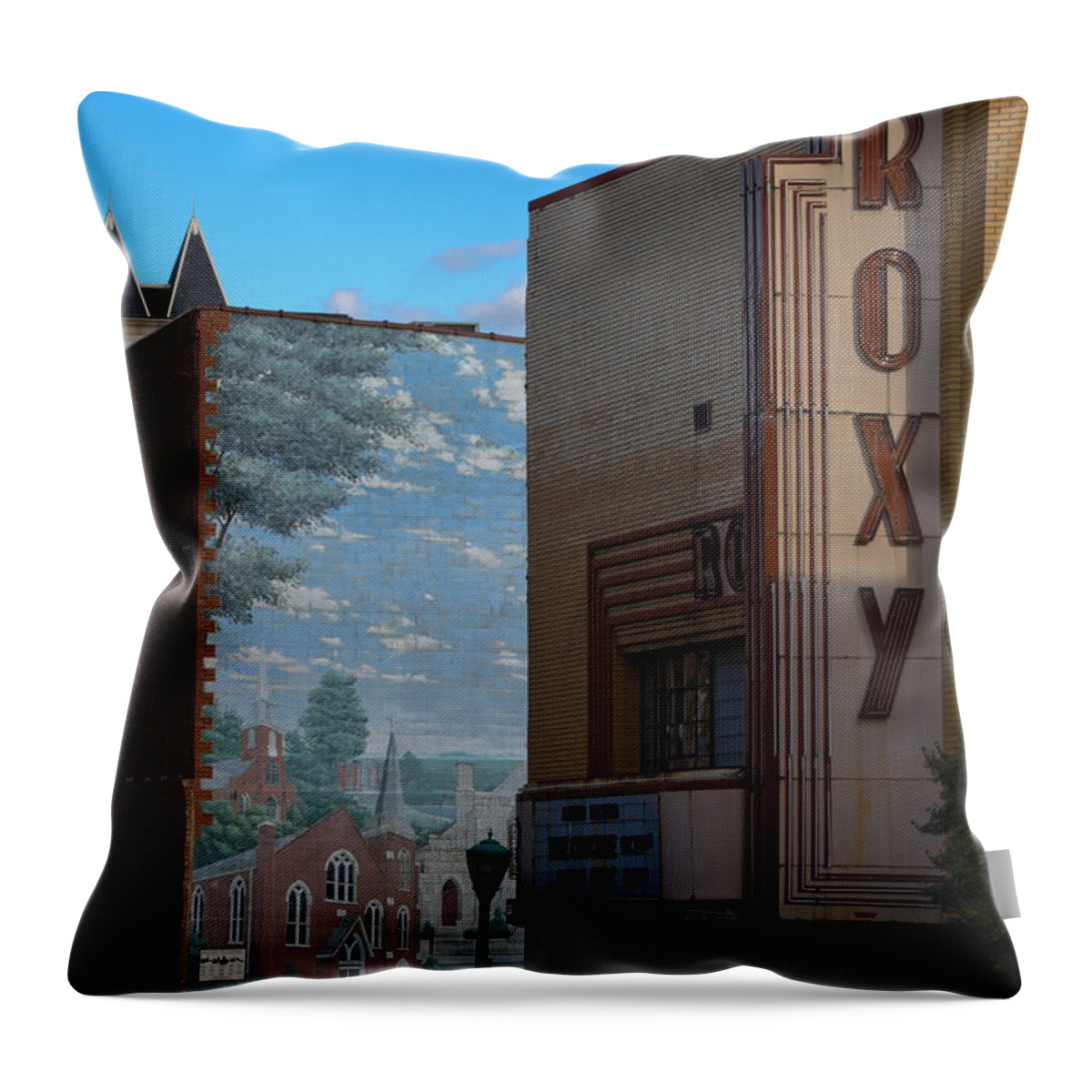 Clarksville Throw Pillow featuring the photograph Roxy Theater and Mural by Ed Gleichman