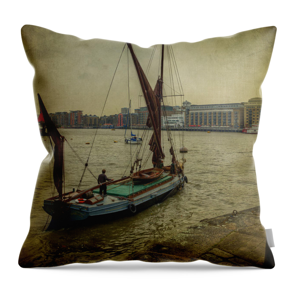 Thames Barge Throw Pillow featuring the photograph Sailing away... by Clare Bambers