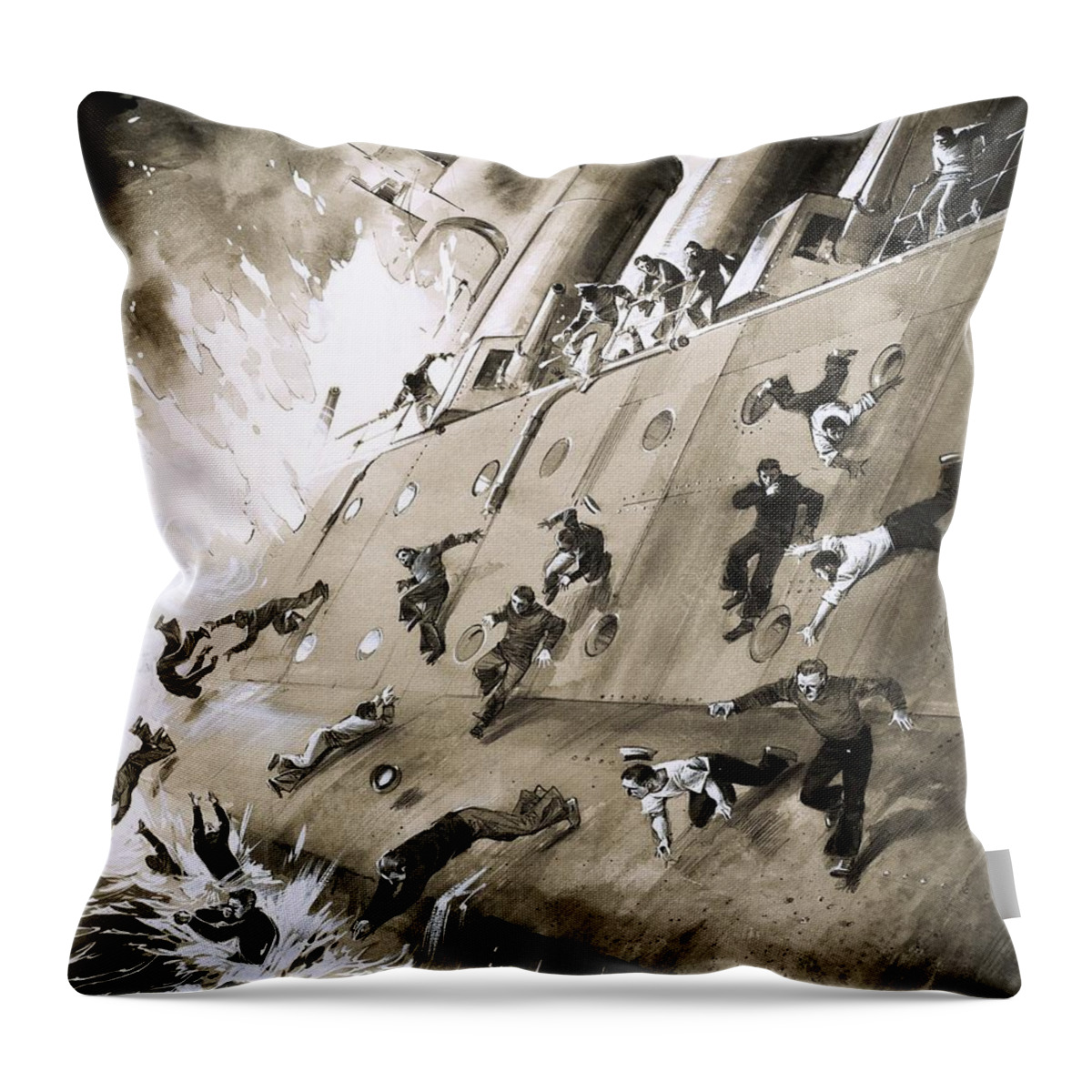 Hms Natal; Fire; Disaster; Accident; Cromerty Firth; Sailors; Escape; Panic; Ocean; Sea; Boat; Ship Throw Pillow featuring the painting Sailors Escaping HMS Natal which Caught Fire in Cromerty Firth in 1915 by English School