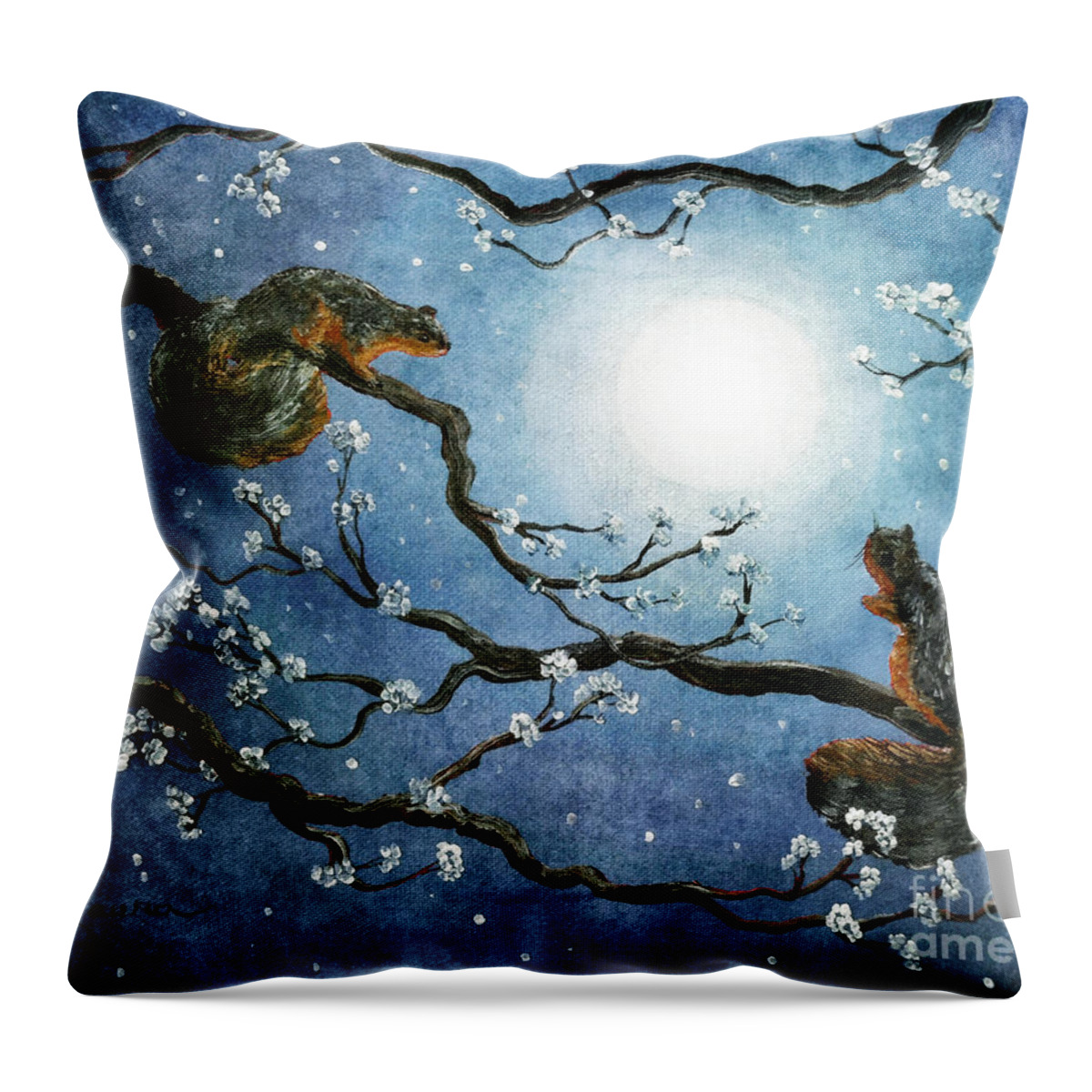 Fantasy Throw Pillow featuring the painting Sakura Squirrels by Laura Iverson