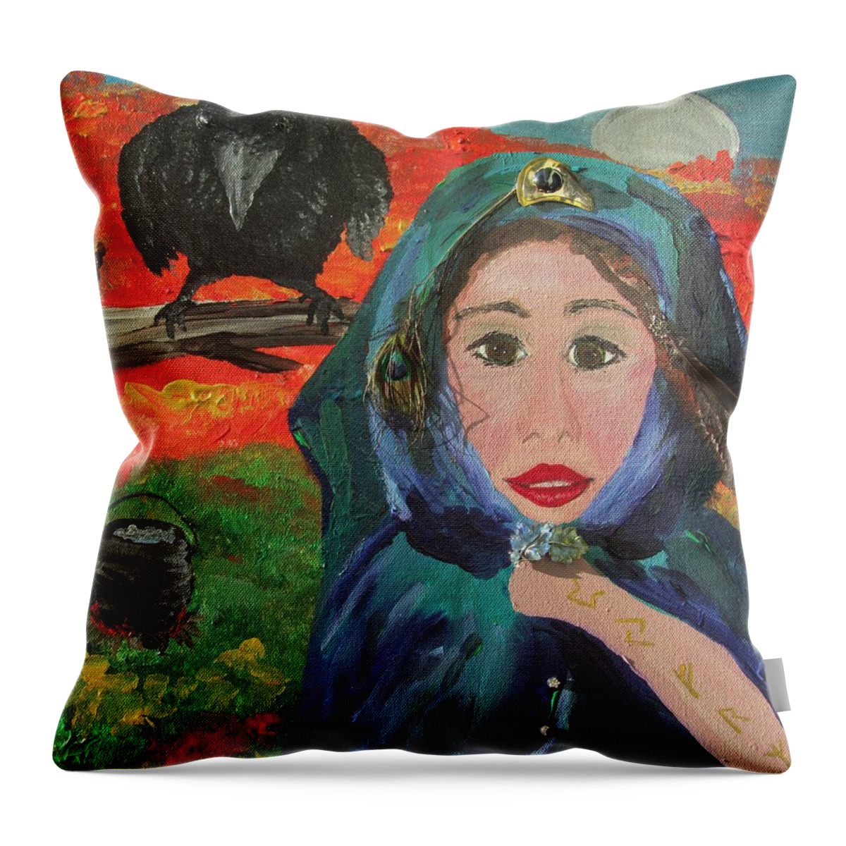 Raven Throw Pillow featuring the painting Samhain by Susan Voidets