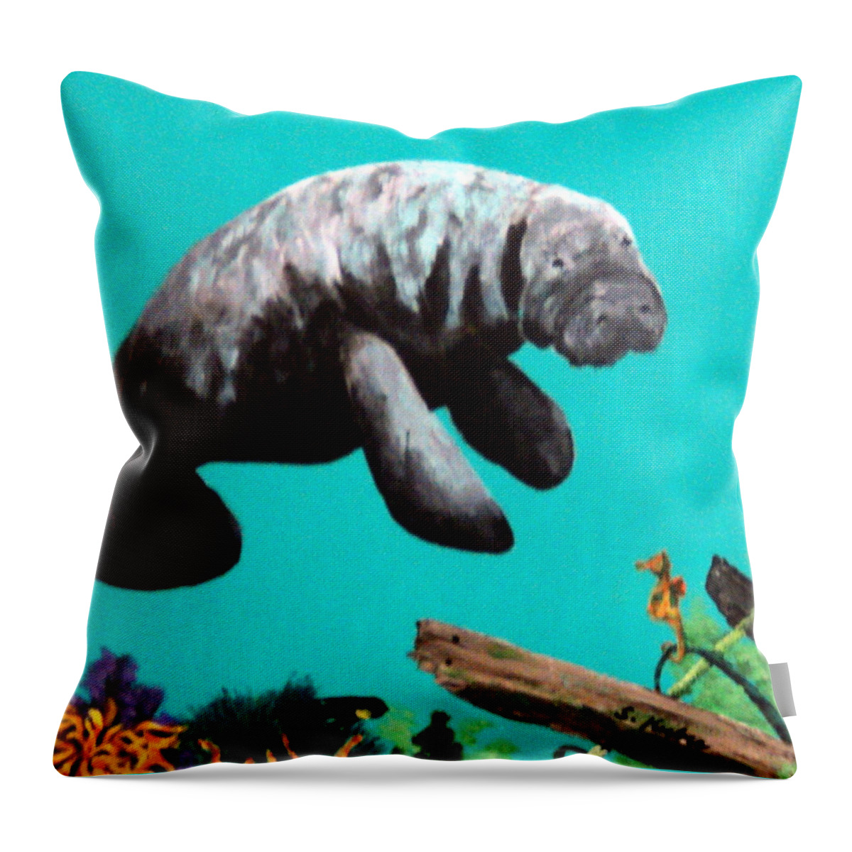 Florida Throw Pillow featuring the painting Sea Horse and Manatee by Susan Kubes