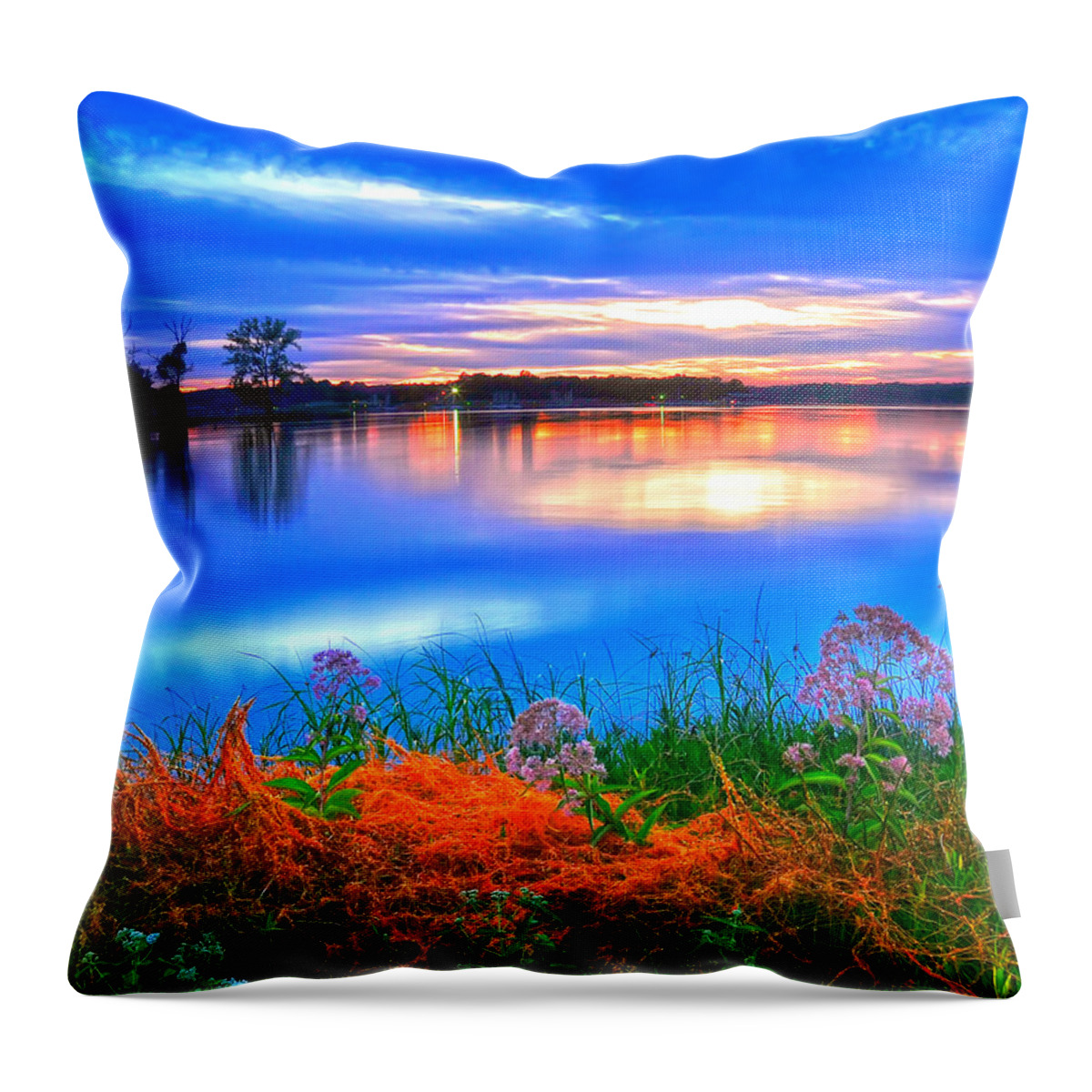 Flowers Along Shore Of Lake Throw Pillow featuring the photograph Shoreline Sundown by Randall Branham