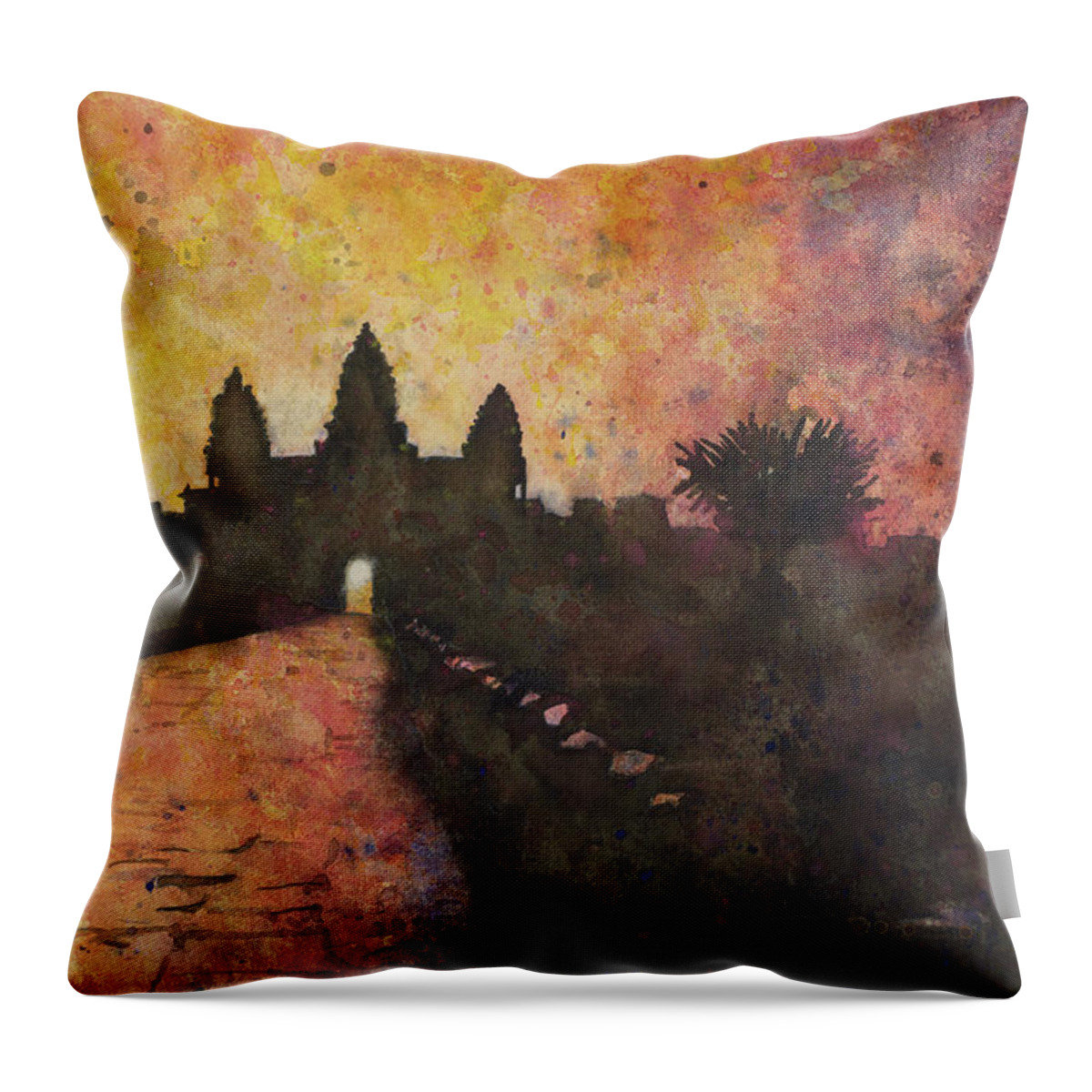Angkor Wat Throw Pillow featuring the painting Siem Reap Sunrise 3 by Ryan Fox