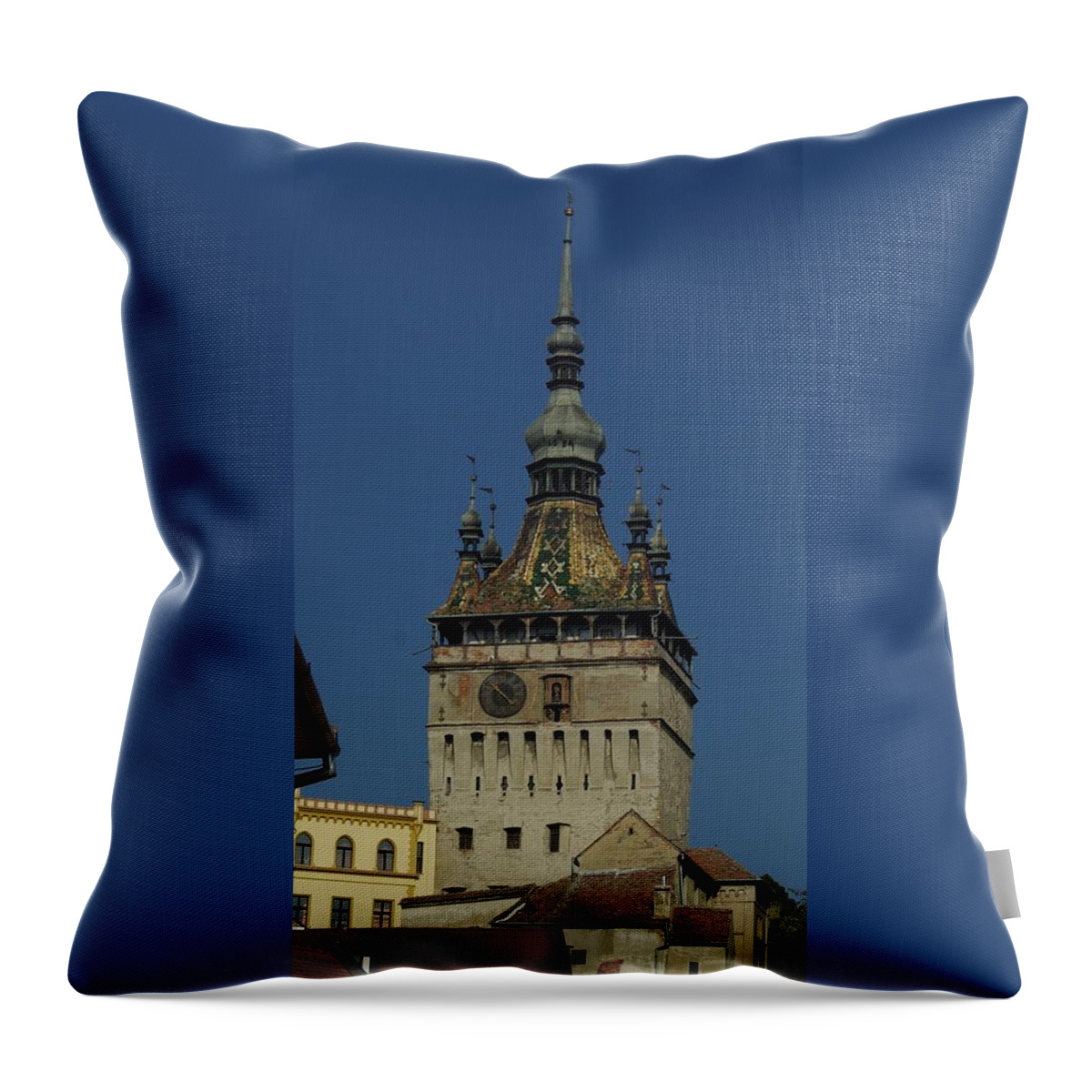 Old Town Throw Pillow featuring the photograph Sighisoara clock tower 1 by Amalia Suruceanu