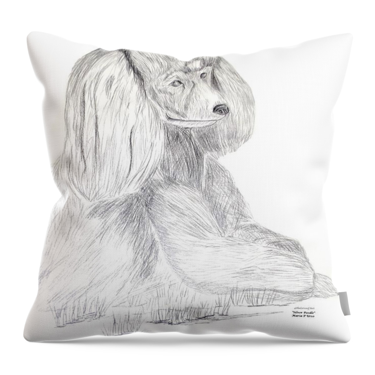 Poodle Throw Pillow featuring the drawing Silver Poodle by Maria Urso