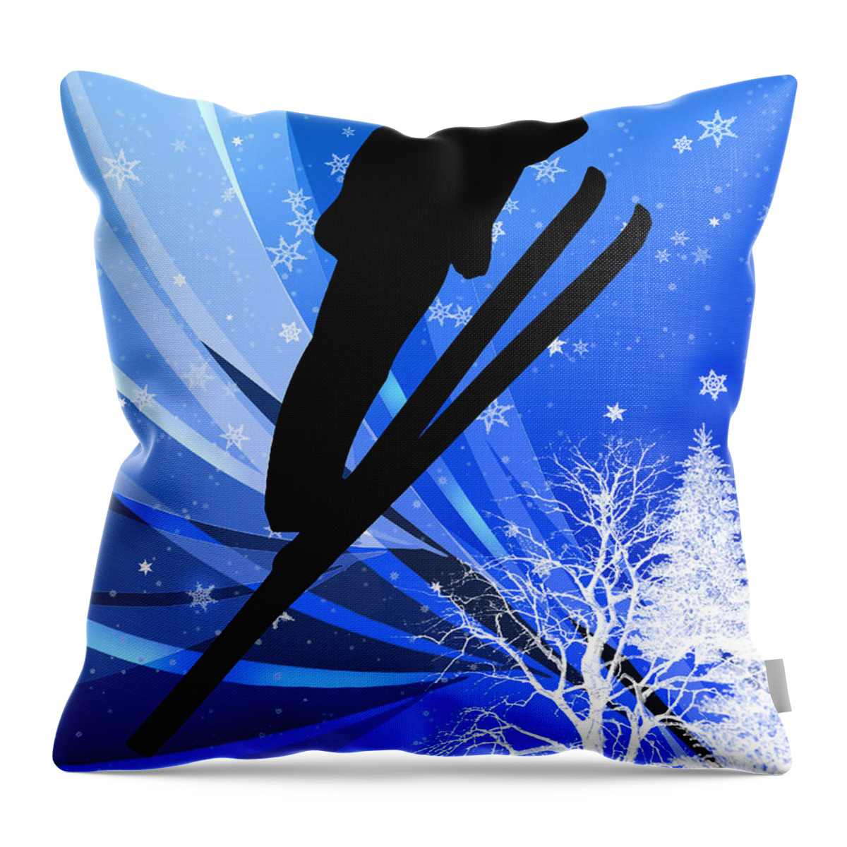Ski Throw Pillow featuring the painting Ski Jumping in the Snow by Elaine Plesser