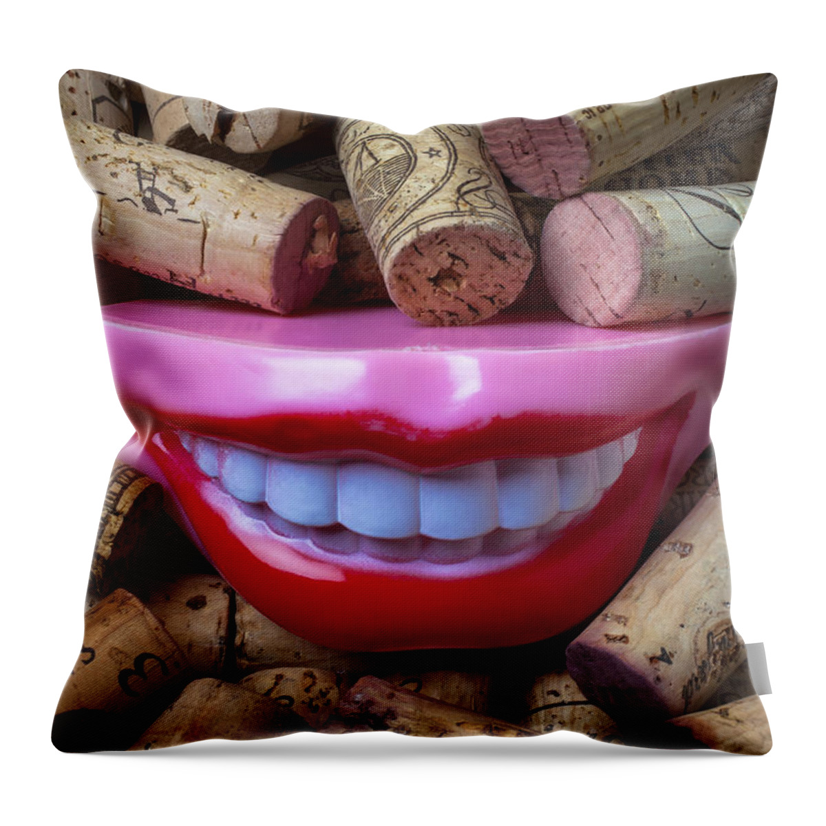Smile Throw Pillow featuring the photograph Smile among wine corks by Garry Gay