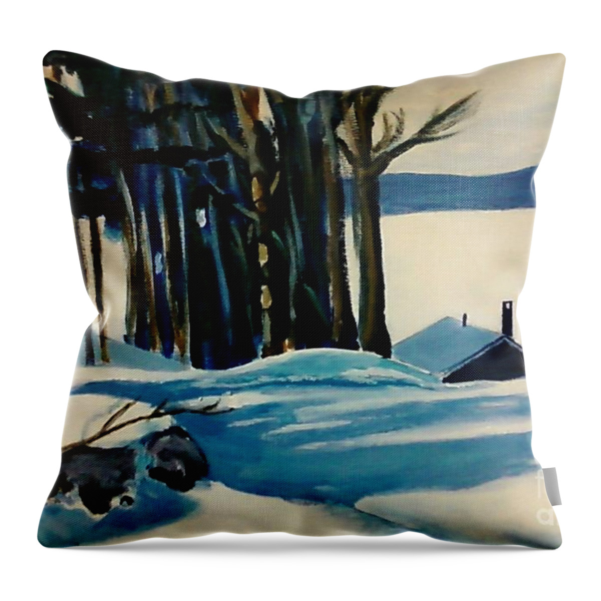 Landscape Throw Pillow featuring the painting Snowed in on Half Moon Lake NH by Debra Bretton Robinson