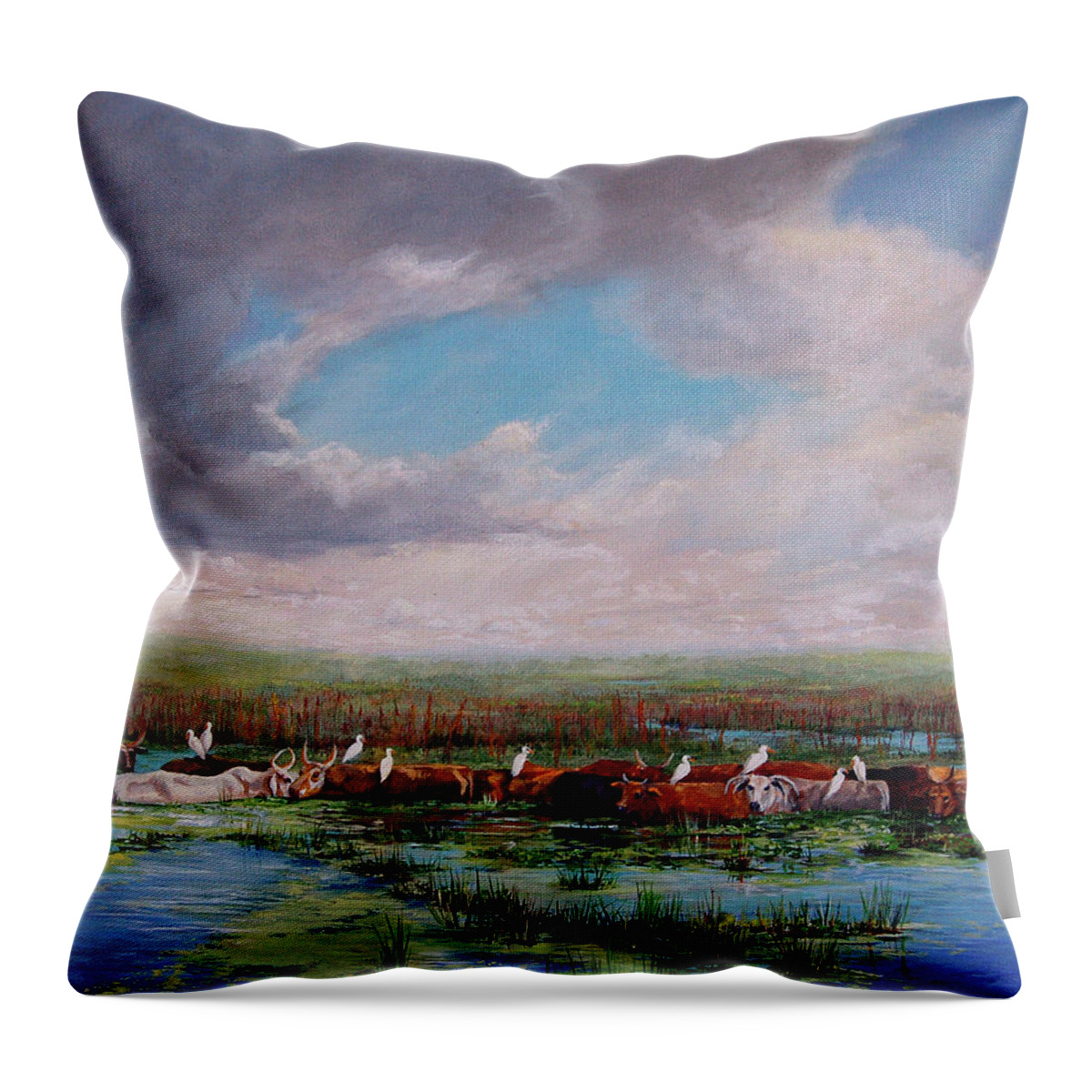 Landscape Throw Pillow featuring the painting St. John's Cows I by AnnaJo Vahle