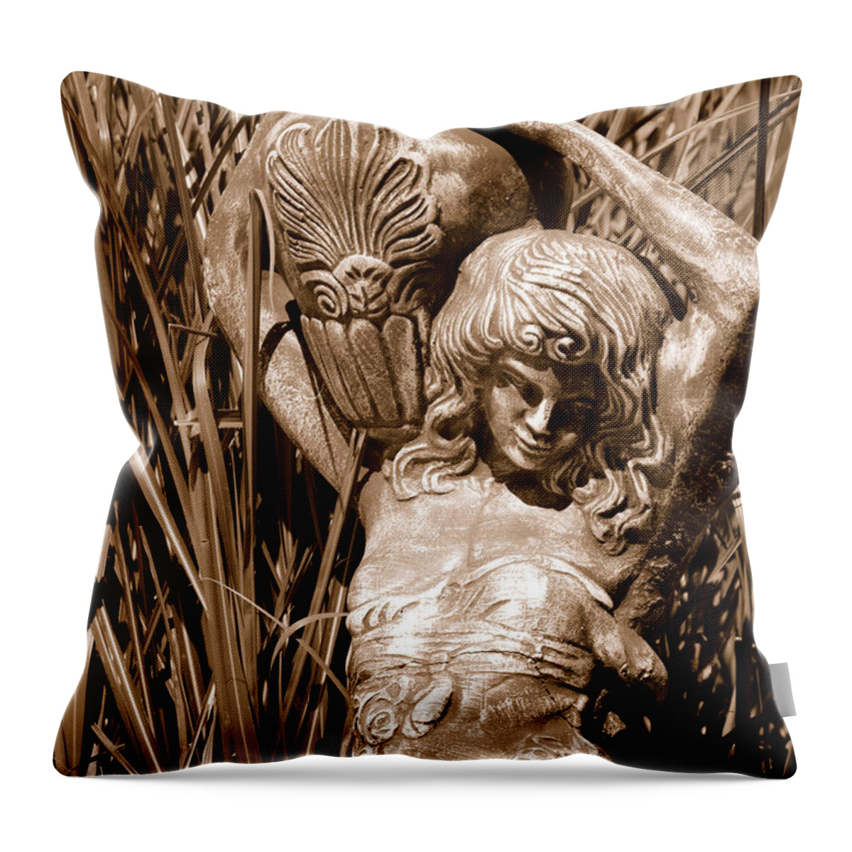 Statue Greek Goddess Water Jug Reeds Concrete Woman Throw Pillow featuring the photograph Statuesqe Reeds by Holly Blunkall