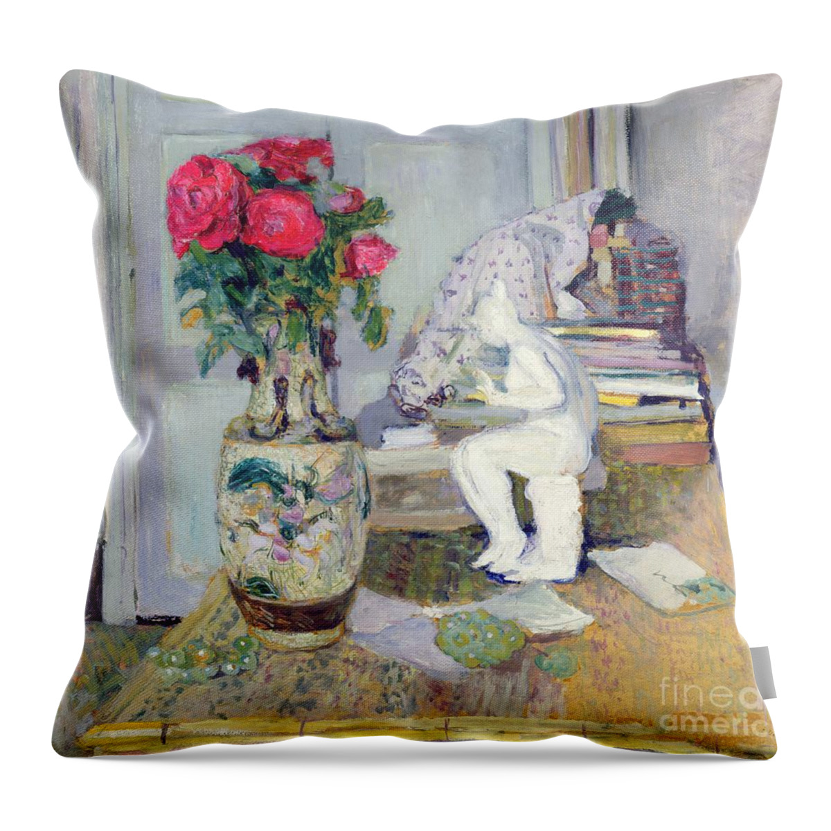 Statuette Throw Pillow featuring the painting Statuette by Maillol and Red Roses by Edouard Vuillard