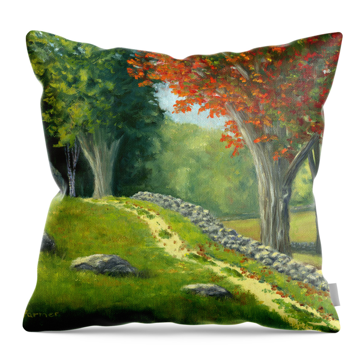 Remick Farm Museum Throw Pillow featuring the painting Stone Wall at Remick Museum, Tamworth Village, NH by Elaine Farmer