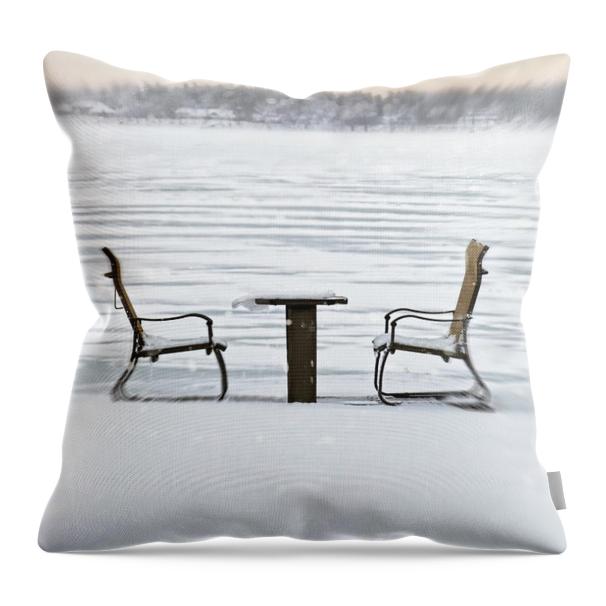 Atmosphere Throw Pillow featuring the photograph Summer chairs in winter near lake by Sandra Cunningham