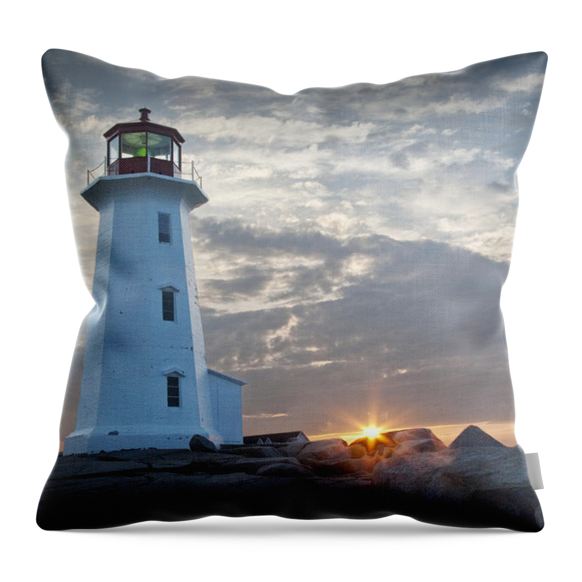 Art Throw Pillow featuring the photograph Sunrise at Peggys Cove Lighthouse in Nova Scotia Number 041 by Randall Nyhof