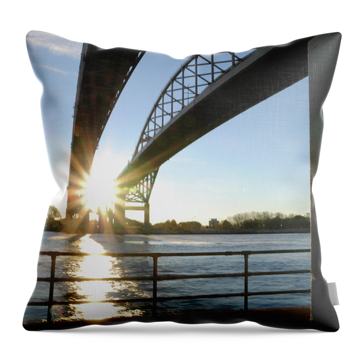 Sunrise Throw Pillow featuring the photograph Sunrise Blue Water Bridges by Ronald Grogan