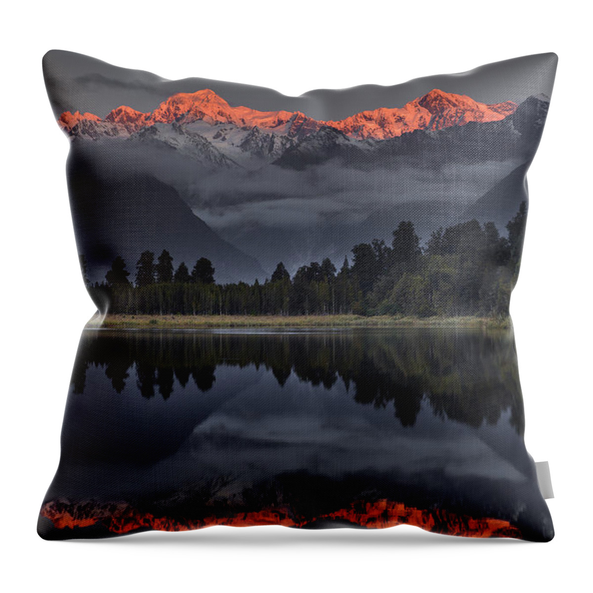00462453 Throw Pillow featuring the photograph Sunset Reflection Of Lake Matheson by Colin Monteath