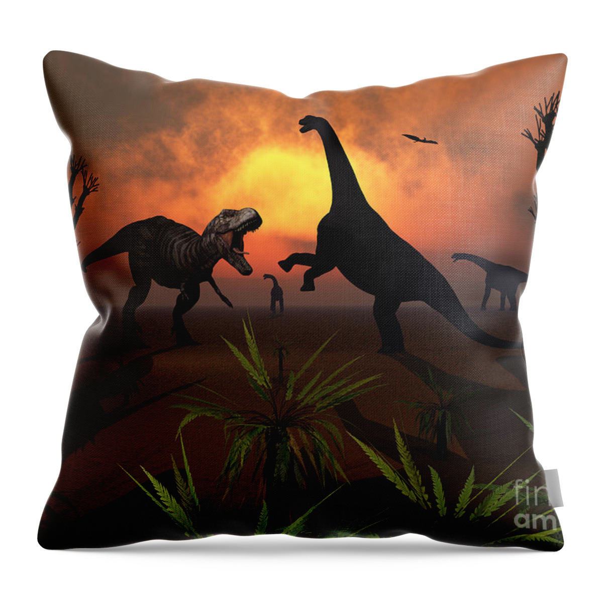 Biped Throw Pillow featuring the digital art T. Rex Confronts A Group by Mark Stevenson