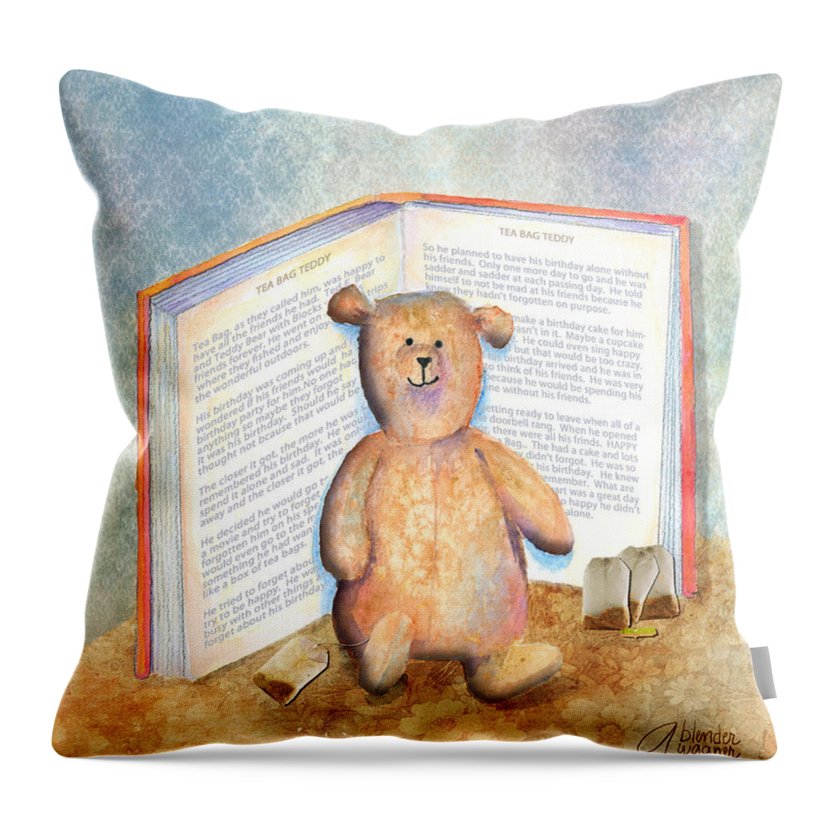 Teddy Bear Throw Pillow featuring the mixed media Tea Bag Teddy by Arline Wagner