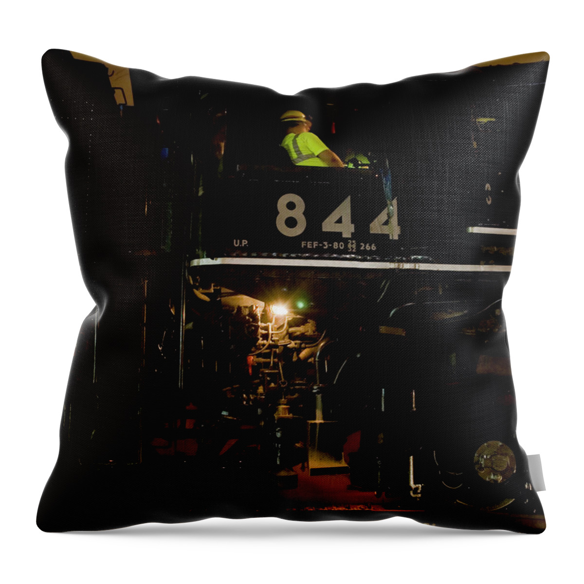 Steam Locomotive Throw Pillow featuring the photograph Tending The Beast by Tim Mulina