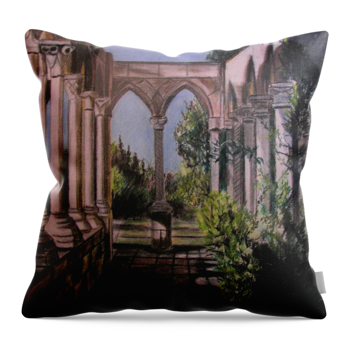 Cloister Throw Pillow featuring the painting The Cloisters Colonade by Judy Via-Wolff