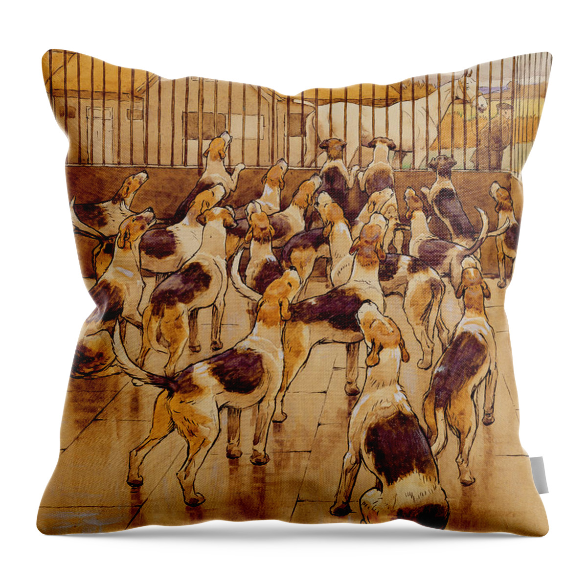 The Throw Pillow featuring the painting The Hounds began suddenly to howl in chorus by Cecil Charles Windsor Aldin