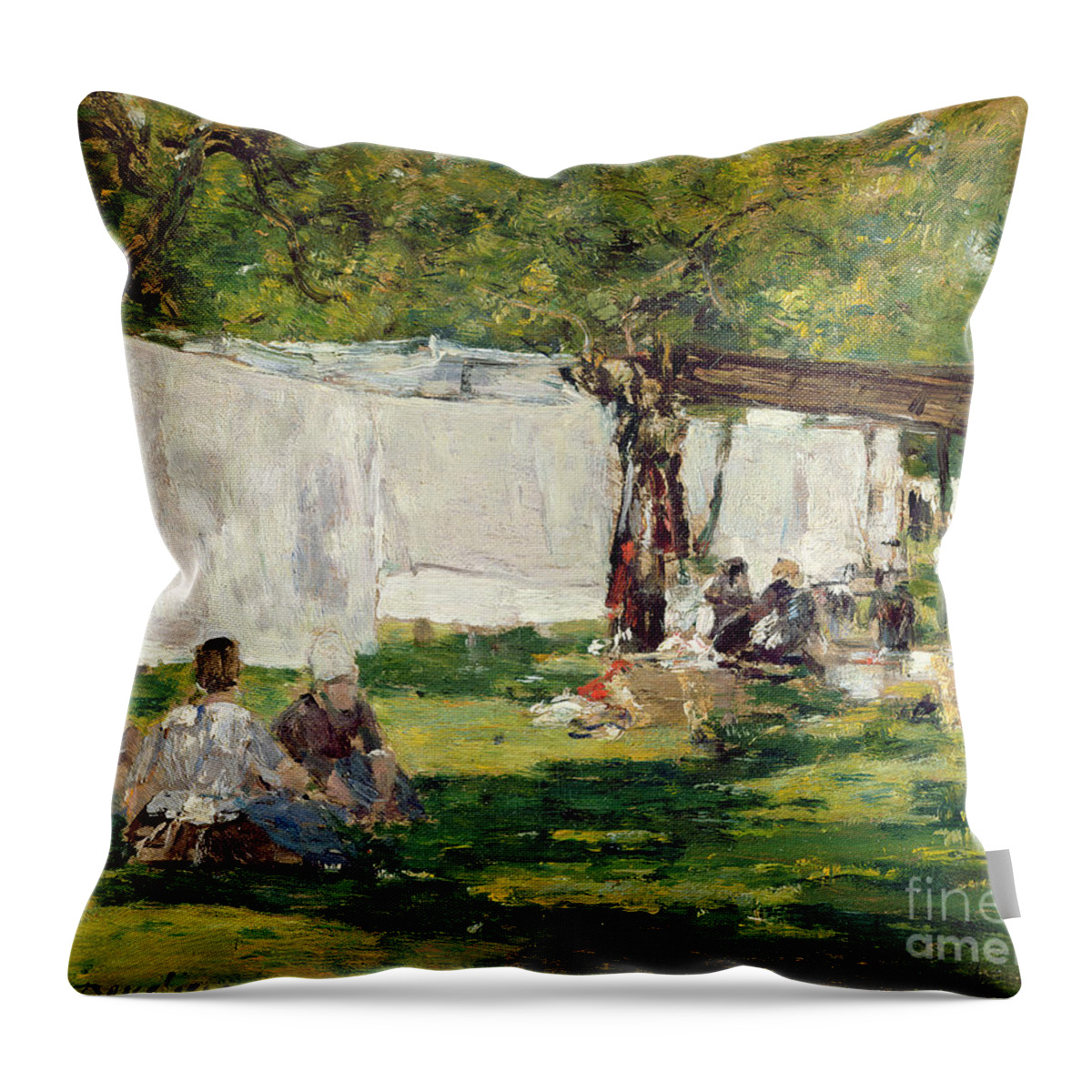 The Throw Pillow featuring the painting The Laundry at Collise St Simeon by Eugene Louis Boudin