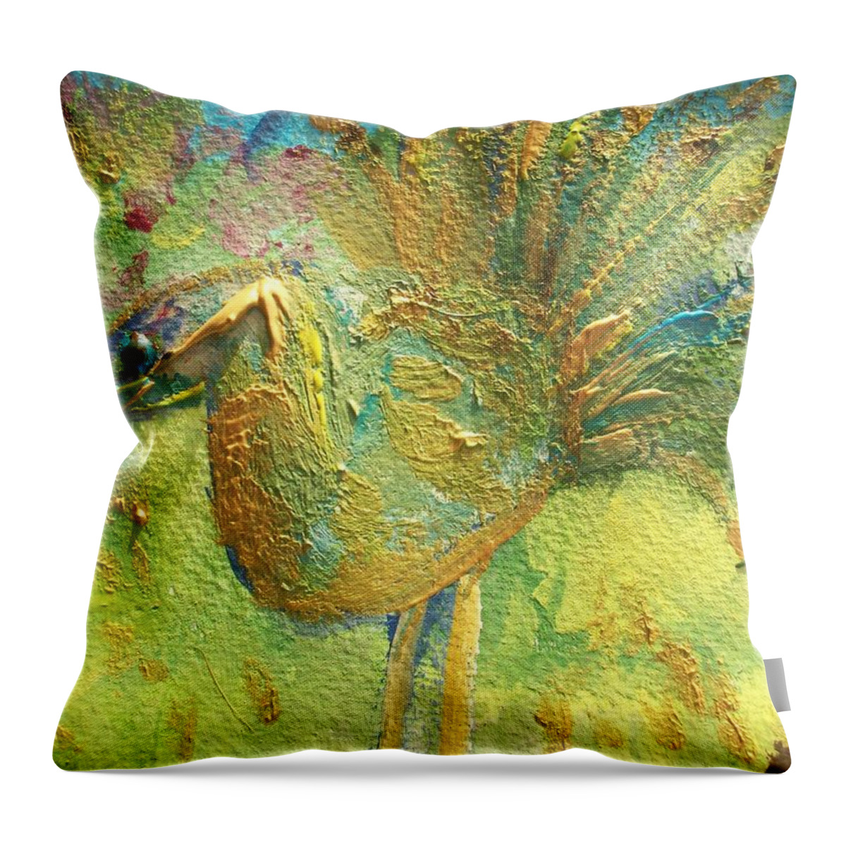 Peacock Throw Pillow featuring the painting The peacock of the Golden court by Judith Desrosiers