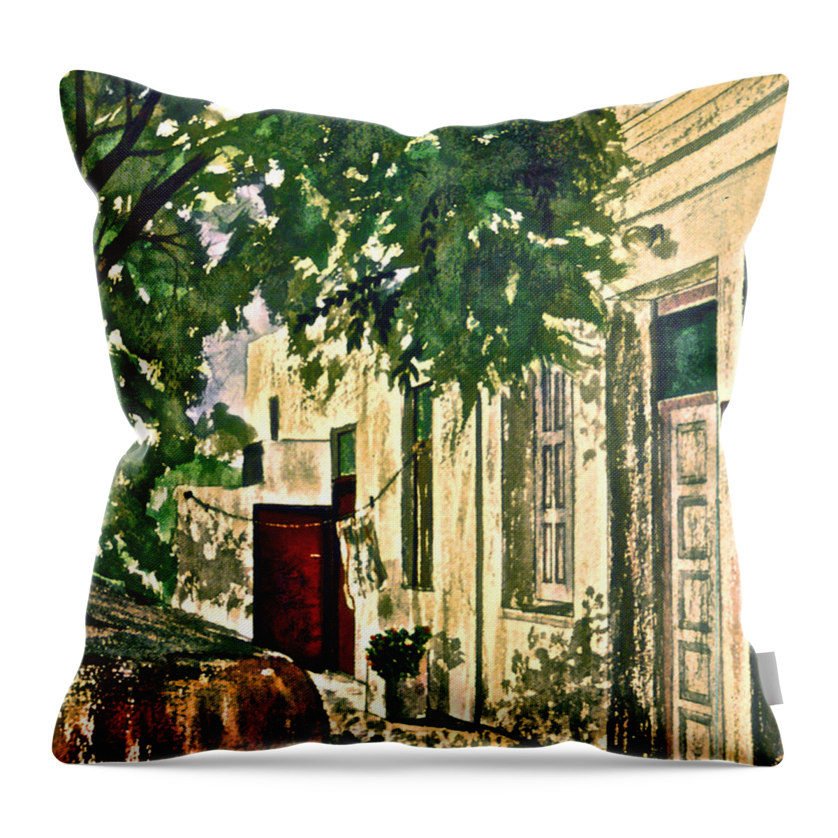 Mykonos Throw Pillow featuring the photograph The Red Door by Frank SantAgata