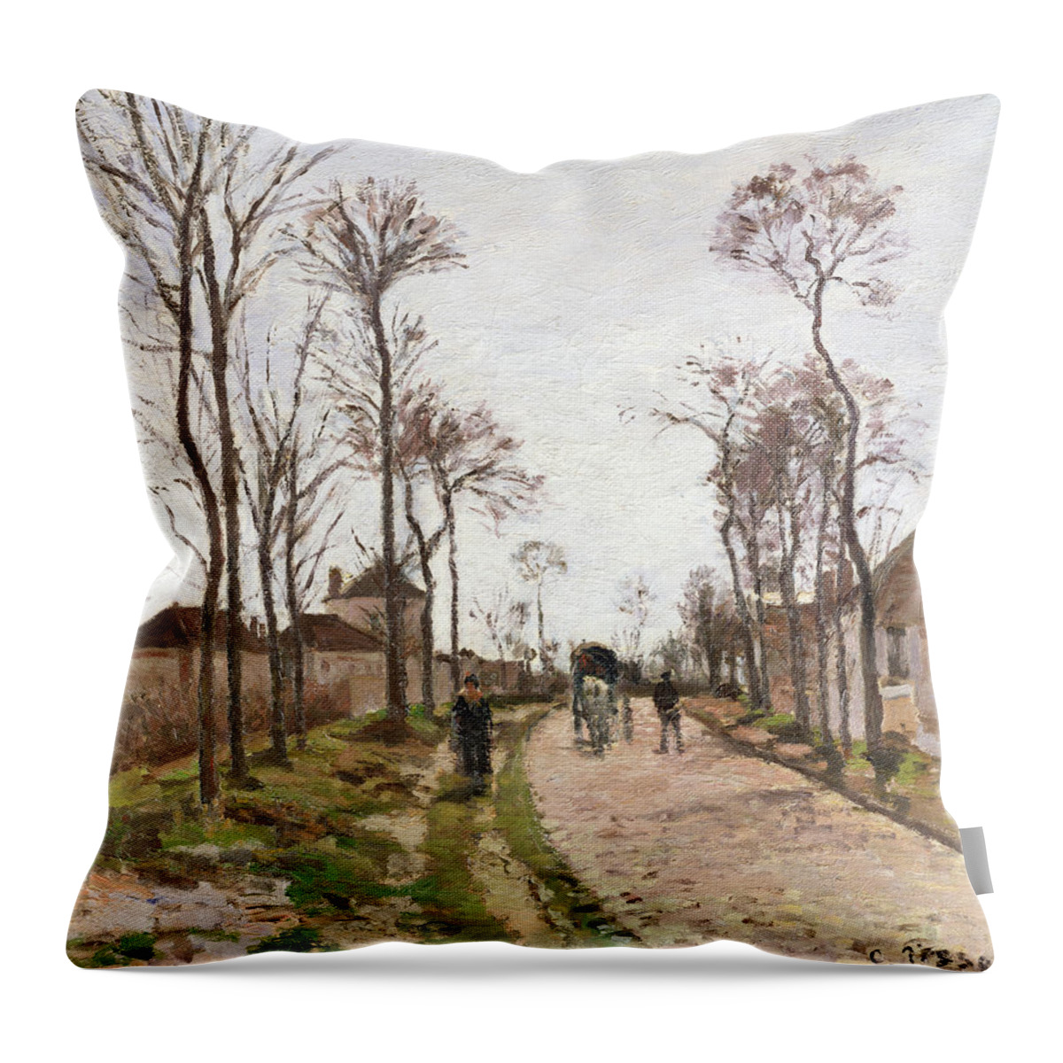 The Throw Pillow featuring the painting The Road to Saint Cyr at Louveciennes by Camille Pissarro