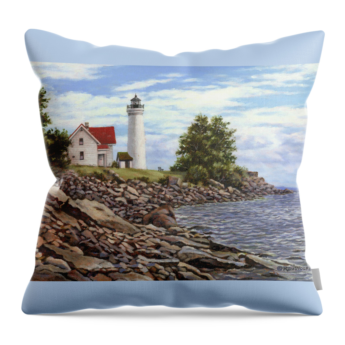 Thousand Islands Throw Pillow featuring the painting Tibbetts Point Lighthouse by Richard De Wolfe