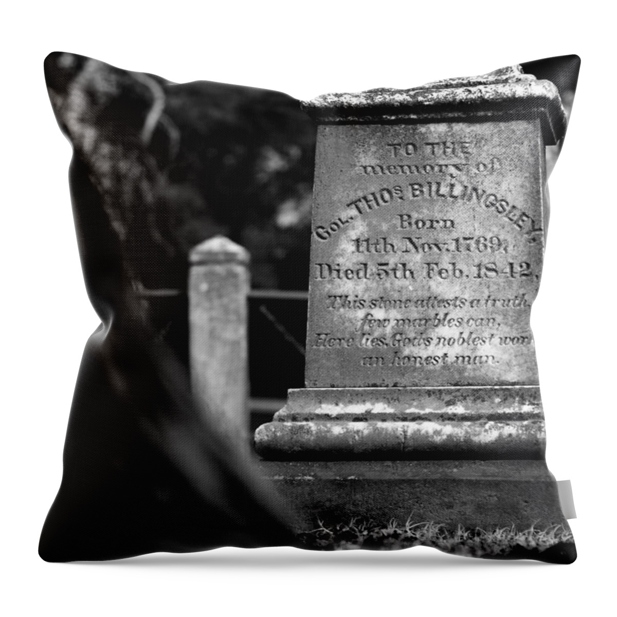 Billingsley Throw Pillow featuring the photograph To the Memory of Colonel Billingsley by Rebecca Sherman