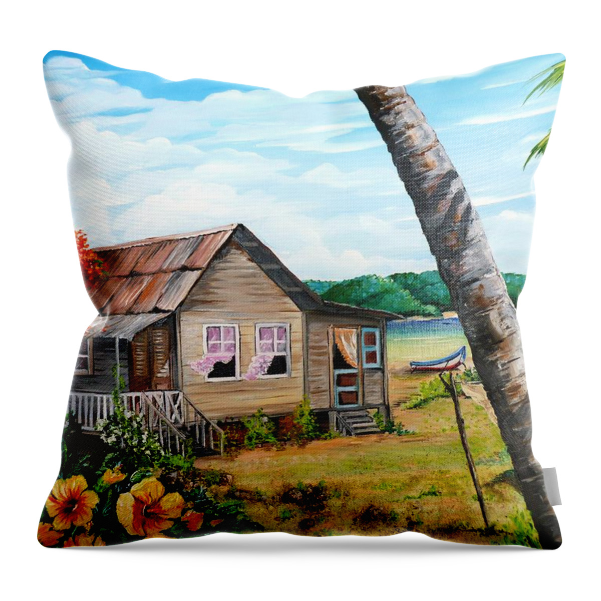 Caribbean House Throw Pillow featuring the painting Tobago Life by Karin Dawn Kelshall- Best