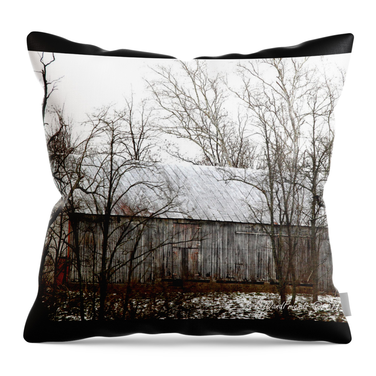 Barn Throw Pillow featuring the photograph 'Touch of Red on Gray Barn' by PJQandFriends Photography