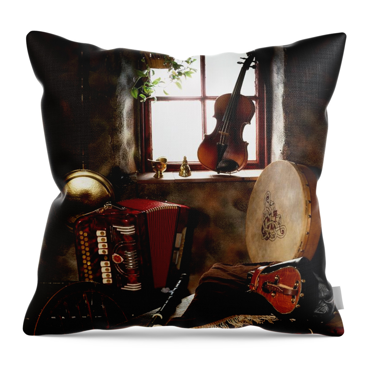 Bodhran Throw Pillow featuring the photograph Traditional Musical Instruments, In Old by The Irish Image Collection 