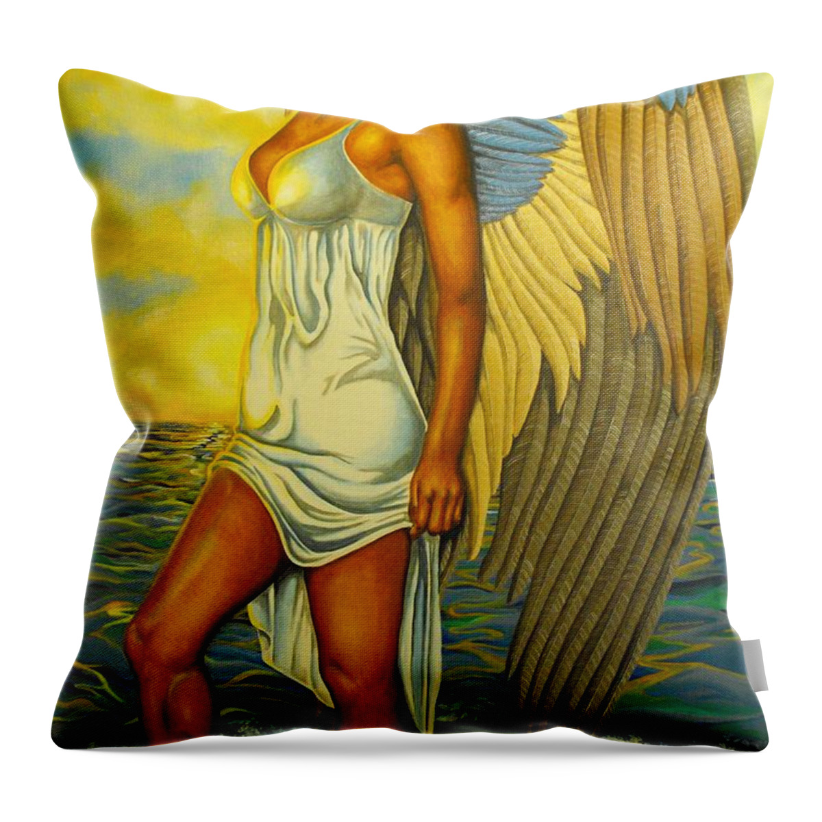 African American Female Angel In Water Setting With Pastel Wings Throw Pillow featuring the painting Tranquility by William Roby