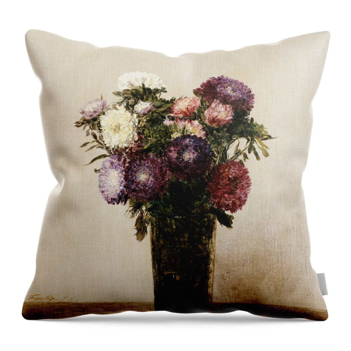 Still-life Throw Pillow featuring the painting Vase of Flowers by gnace Henri Jean Fantin-Latour